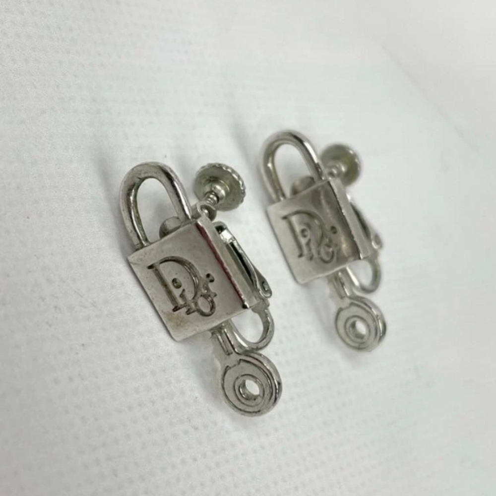 RARE Vintage Dior Lock Key Padlock Clip On Screw Back Earrings Silver Tone Logo - Picture 2 of 8